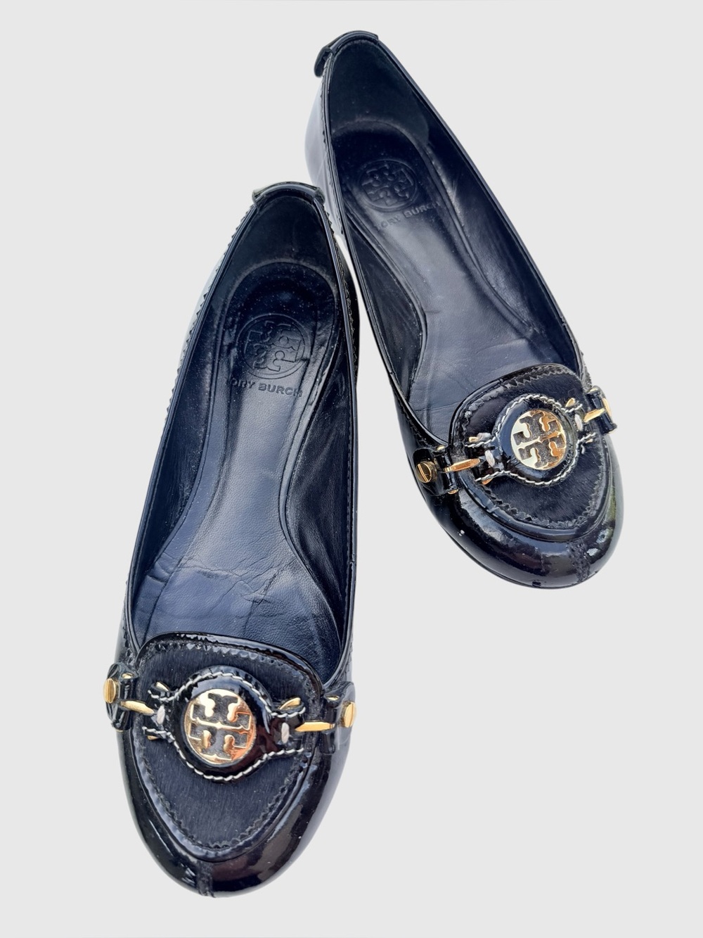 Tory Burch black patent leather gold medallion flats